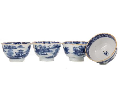 FOUR CHINESE TEA BOWLS 18TH CENTURY  decorated in blue and white with a continuous river landscape9cm diameterEach bowl in ov