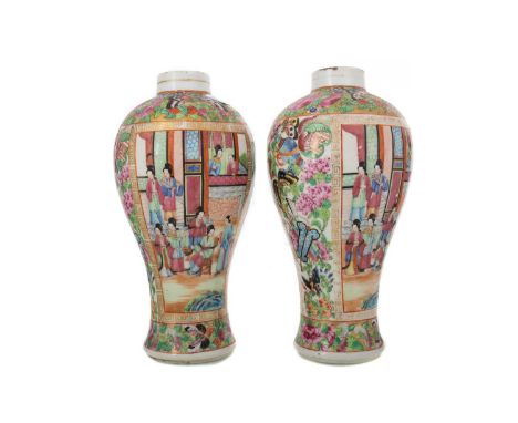 PAIR OF CHINESE CANTONESE VASES EARLY/MID 19TH CENTURY decorated with Rose Mandarin scenes, surrounded by the Greek Key desig