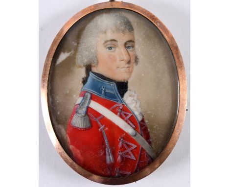 English School c. 1790 Miniature Portrait of an Officer wearing uniform, half length on ivory 6 x 4.75cms, the frame with blu