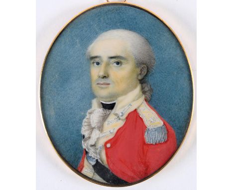 English School c. 1790 Miniature Portrait of an Officer wearing uniform, half length on ivory 6.25 x 5.25cms, in gold frame.*