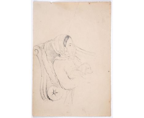 Attributed to Alfred Price Moulton-Barrett (1820-1904) Portrait of Elizabeth Barrett Browning seated on a couch holding her d