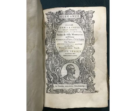 Manutius, Aldus. Eleganze, insieme con la copia dell lingua oe Latina, wood-engraved title border, first signature lightly wa