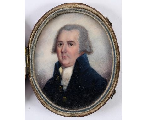 Attributed to Horace Hone (Anglo Irish 1754 - 1825) Miniature Portrait of a Gentleman c. 1790 wearing grey wig and dark blue 