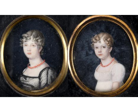 English School c. 1810 Miniature Portrait of Elizabeth Jane Barrett nee Turner (1800-1886) wearing coral necklace and white d