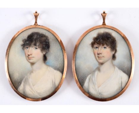 Attributed to Charles Robertson (Irish c. 1760-1821) Miniature Portrait of a Lady with brown hair and blue eyes wearing a pla