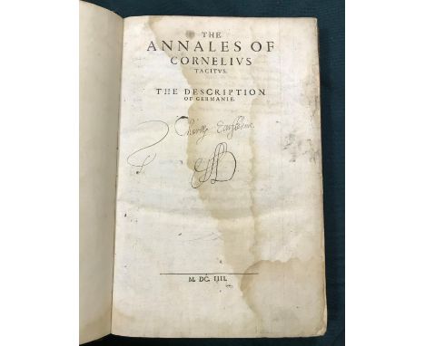 Tacitus, Publius Cornelius. The Annales..., 2 parts bound in one, lacks ¶2, 3pp. of manuscript contents bound in, waterstaine