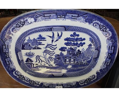 A large 19th century Willow pattern platter, a Pentax camera, two cast metal insurance plaques and a funghi box