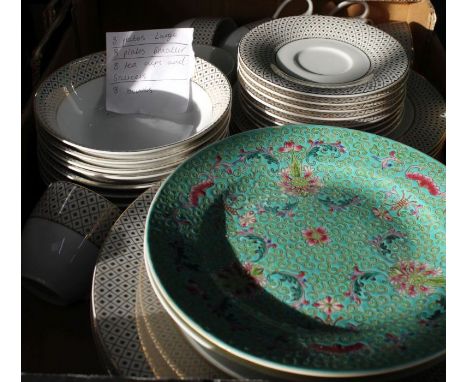 A box containing Midas fine porcelain tea service and two Oriental plates.