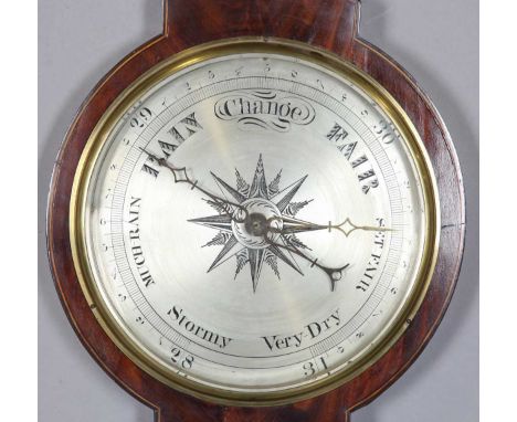 An early 19th century mahogany wheel barometer with silvered dials, convex mirror, thermometer, hygrometer and bubble level, 