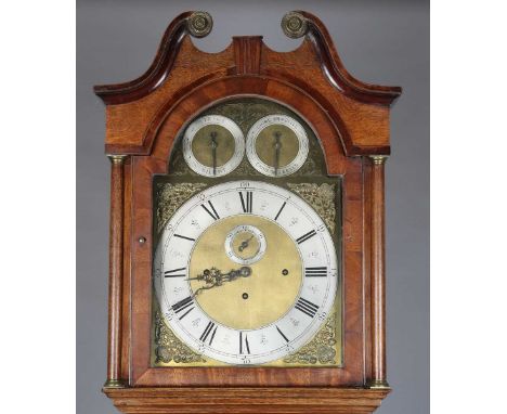 An early 19th century and later oak longcase clock, the eight day three train movement chiming on eight bells and striking on
