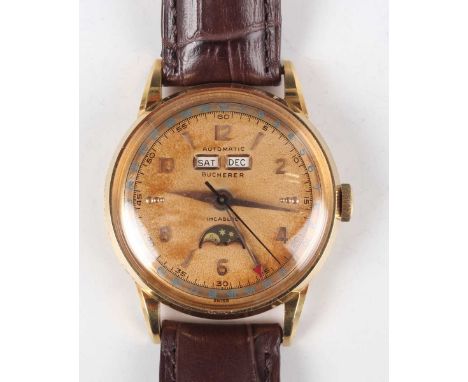 A Bucherer Automatic 18K gold circular cased triple date calendar gentleman's wristwatch, the jewelled movement detailed 'Bid