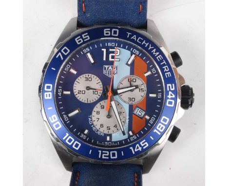 A Tag Heuer Formula 1 Gulf special edition stainless steel cased gentleman's chronograph wristwatch with Ronda jewelled 5040.