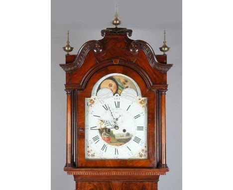 A George III figured mahogany longcase clock with eight day movement striking on a bell, the 14-inch painted breakarch dial w