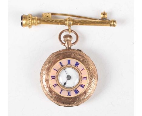 A 9ct gold half-hunting cased keyless wind lady's fob watch, the gilt jewelled cylinder movement detailed 'Swiss Made', the c