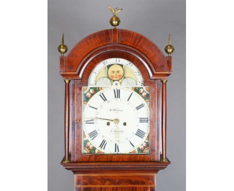 An early 19th century mahogany and crossbanded longcase clock with eight day movement striking on a bell, the 13-inch painted
