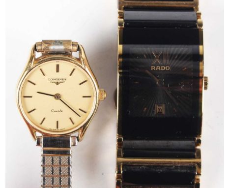 A Rado Diastar gilt metal and black ceramic bracelet wristwatch, Ref. 160,0788.3, with quartz movement, the signed dial with 