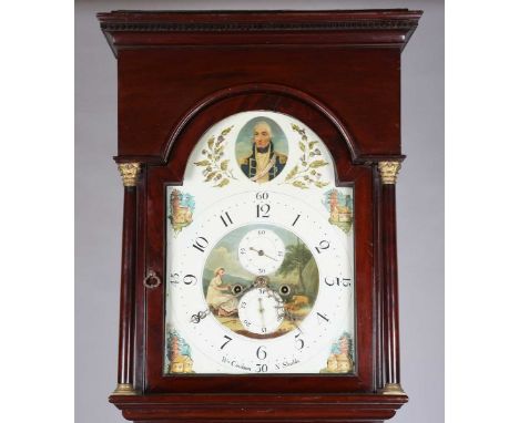 An early 19th century mahogany longcase clock with eight day movement striking on a bell, the 13-inch painted breakarch dial 