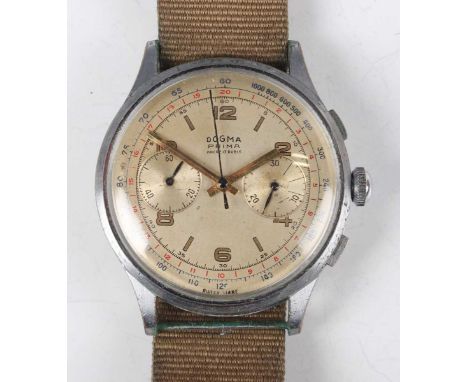 A Dogma Prima plated metal front and stainless steel backed circular cased gentleman's chronograph wristwatch with unsigned j