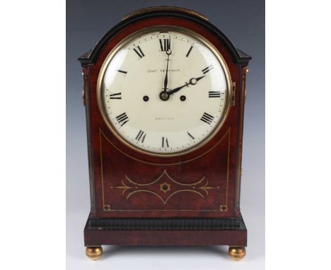 A Regency brass inlaid mahogany bracket clock, the eight day twin fusee movement striking hours on a bell with pull repeat me