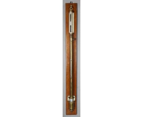 A 20th century gilt lacquered brass laboratory stick barometer of cylindrical form, the glazed upper section enclosing a silv