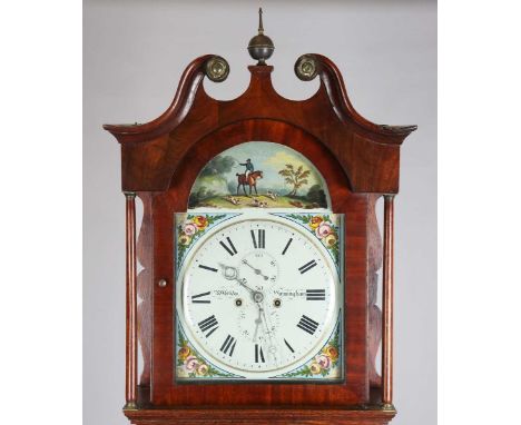 A mid-19th century oak and mahogany crossbanded longcase clock with eight day movement striking on a bell, the 14-inch painte