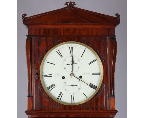 A Regency Scottish mahogany longcase clock with eight day movement striking on a bell, the 12-inch painted circular dial with