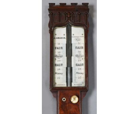 A Victorian figured mahogany stick barometer, the ivorine dial with vernier scale and inscribed 'J. Amadio 6.Shorters Court C