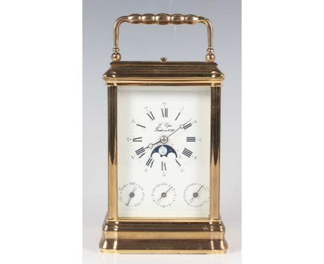 A late 20th century French lacquered brass gorge cased calendar carriage alarm clock by L'Epée, the eight day movement striki