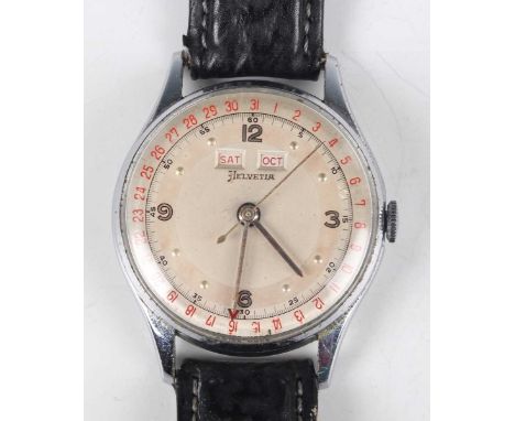A Helvetia stainless steel circular cased triple date calendar gentleman's wristwatch, the signed silvered dial with Arabic n