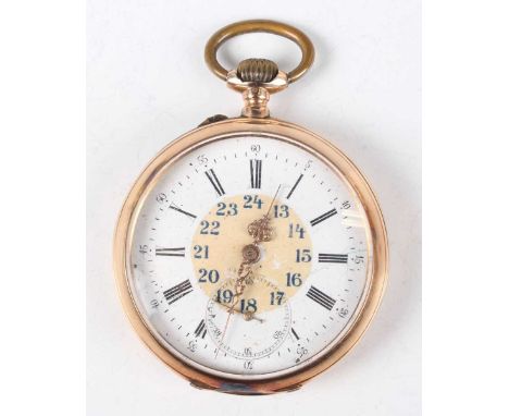 A 14K gold keyless wind open-faced gentleman's pocket watch, the enamelled dial with black Roman hour numerals, outer Arabic 