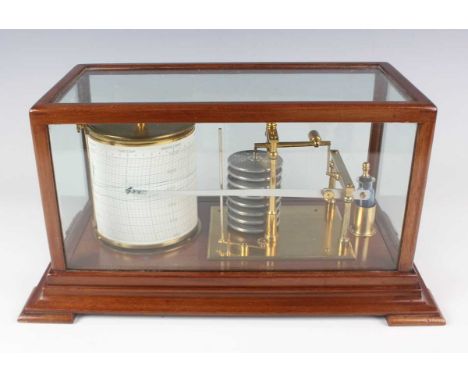 An early 20th century mahogany cased barograph with lacquered brass mechanism and clockwork recording drum, all beneath a fiv