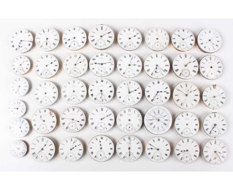 A collection of forty-seven pocket watch movements, the majority with enamel dials, some signed, including 'Elgin', 'Waltham'