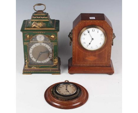 A George V green and gilt chinoiserie cased mantel timepiece, the Buren movement with platform escapement, the breakarch dial