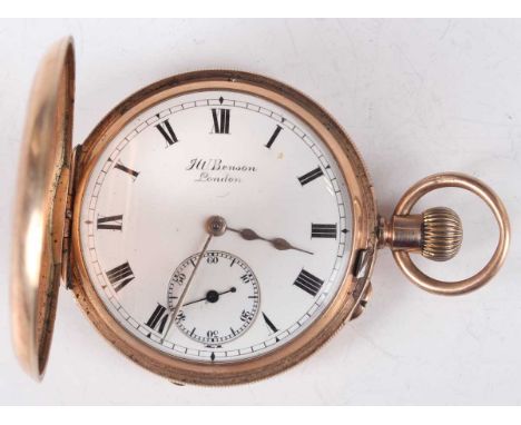 A J.W. Benson London 9ct gold half-hunting cased keyless wind gentleman's pocket watch, the signed gilt three-quarter plate m
