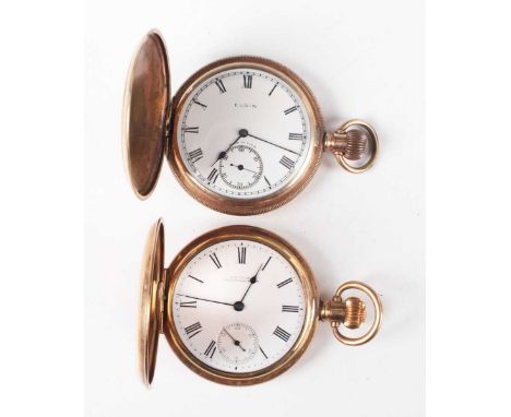 An Elgin gilt metal hunting cased keyless wind gentleman's pocket watch, the outer case with engine turned decoration, case d