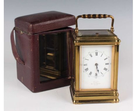 A late 19th century French lacquered brass gorge cased carriage clock by Drocourt, with eight day movement striking hours and