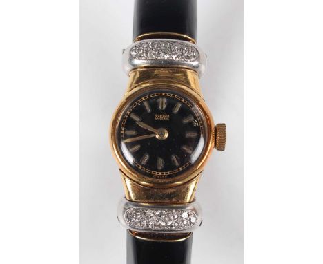 A Gubelin Lucerne gold, black enamelled and diamond set lady's bangle wristwatch with signed and jewelled movement, the signe