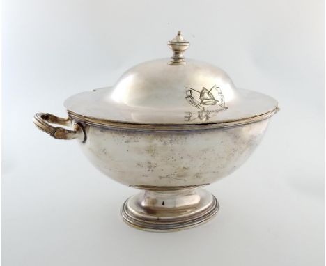 An electroplated two-handled soup tureen and cover, oval form, reeded handles, the pull-off cover with an urn finial and engr