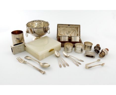 A mixed lot of silver items, various dates and makers, comprising: a small presentation rose bowl, Birmingham 1979, a cased p