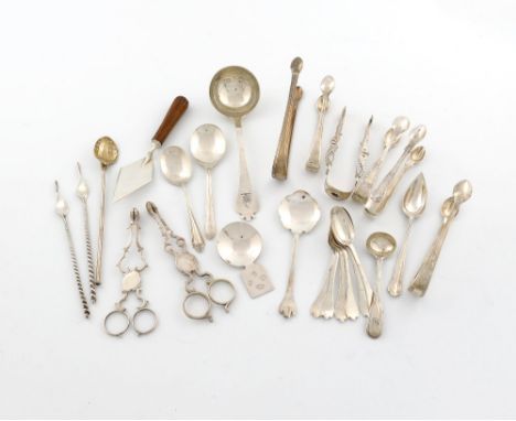 A collection of assorted silver flatware, various makers and dates, comprising: two pairs of 18th century sugar nips, five pa