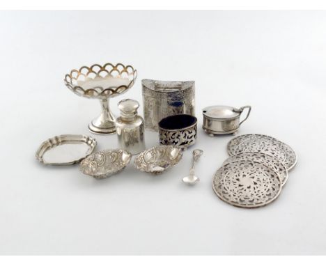 A mixed lot of silver items, various dates and makers, comprising: an oval tea caddy, with import marks for Sheffield 1898, e