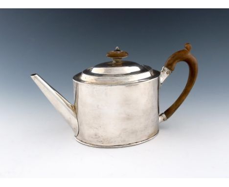 A George III silver teapot, by Crispin Fuller, London 1794, oval form, scroll handle, domed cover with a knop finial and bead