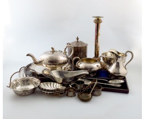 λ A mixed lot of electroplated items, comprising: a biscuit box of circular form, engraved fern decoration, a cream jug and s