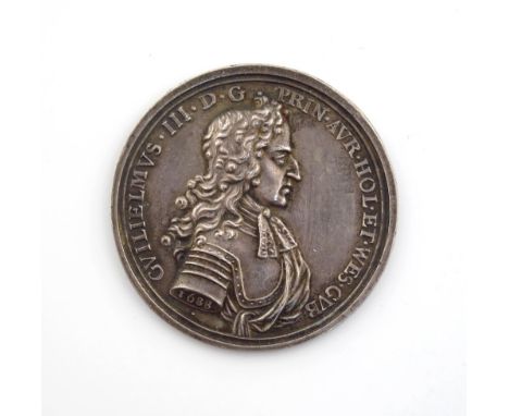 William of Orange lands at Torbay, 1688, cast silver medal, by George Bower, laureate and armoured bust of William right, rev