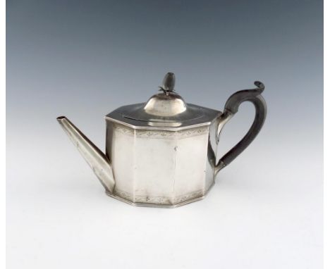 A George III Scottish silver teapot, by William & Patrick Cunningham, Edinburgh 1788, panelled oval form, with engraved borde