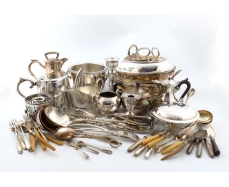 λ A mixed lot of electroplated items, comprising: a coffee jug, two teapots, a candlestick, two chamber sticks, a souffle dis