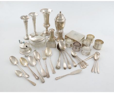 A mixed lot of silver items, various dates and makers, comprising: a sugar caster, a vase, a pair of vases, a cigarette box, 