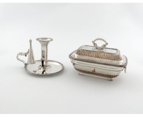 An early 19th century old Sheffield plated sauce tureen and cover, circa 1820, rounded rectangular form, part fluted decorati