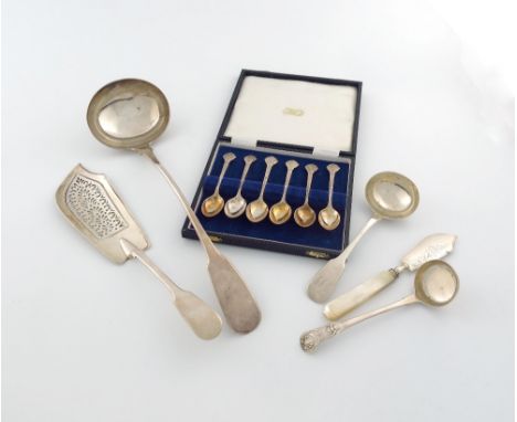 A mixed lot of silver flatware, various dates and makers, comprising: a George III Fiddle pattern soup ladle, by George Nangl