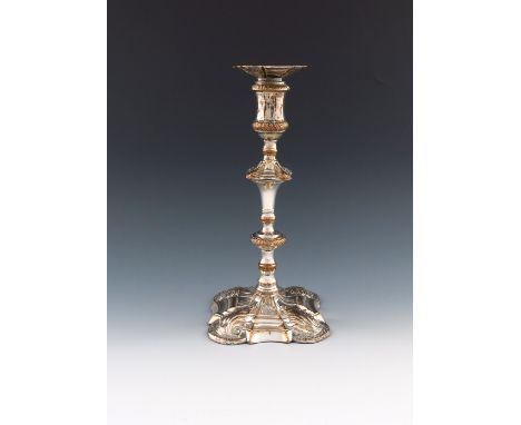 A rare George II/III old Sheffield plated single candlestick, by Joseph Hancock, circa 1757-60, knopped stem with shell shoul